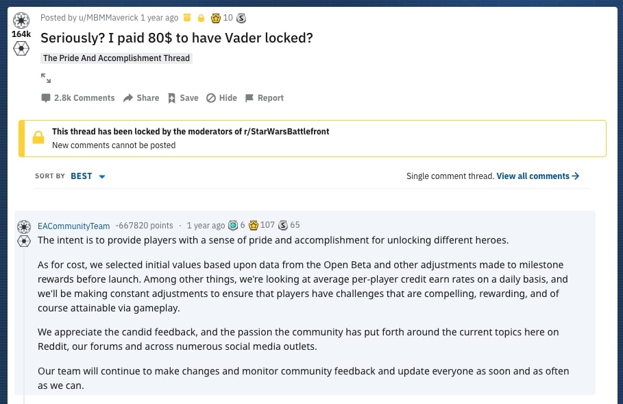 Bình luận lê thê của EA trên Reddit