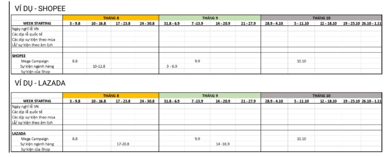 Mẫu lịch sự kiện theo tháng và tuần của Lazada và Shopee