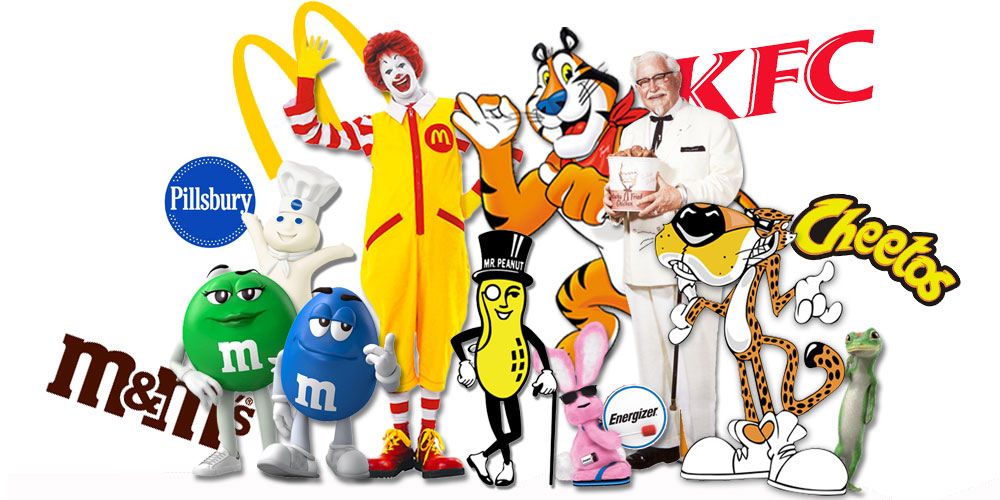 Các nhân vật thương hiệu nổi tiếng như chú hề Ronald của McDonald's, ông già KFC, chú báo Cheetos