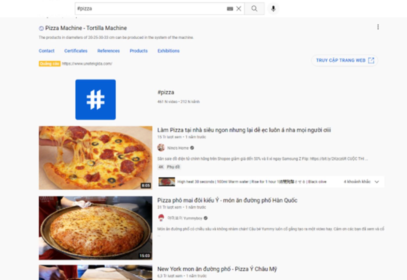 Người dùng tìm kiếm Pizza bắt đầu bằng dấu #