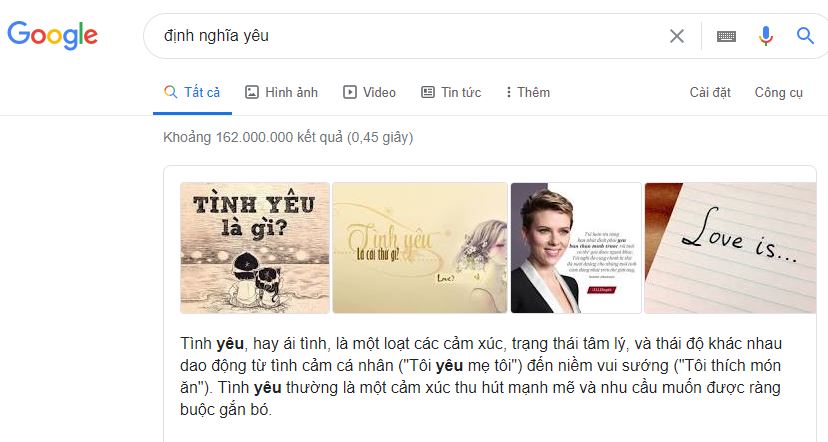 Đoạn trích nổi bật trong Google Search ví dụ định nghĩa yêu
