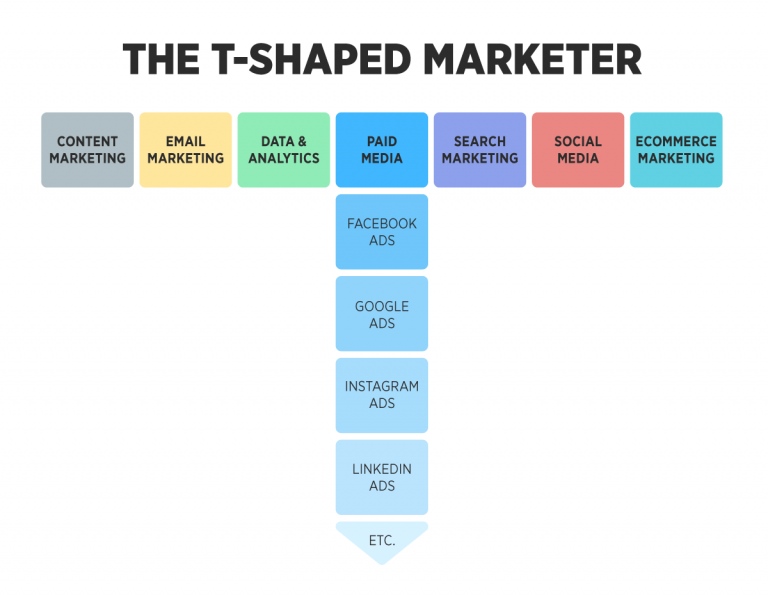 marketers cần phát triển tư duy học hỏi cả chiều dọc lẫn chiều ngang, nên phát triển theo hướng T-shaped