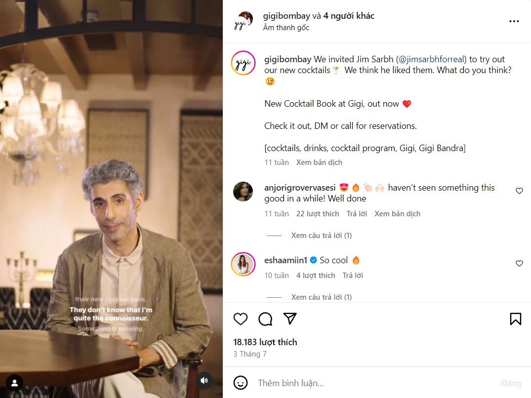 Ví dụ về personalised marketing - Nhà hàng Gigi mời diễn viên Jim Sarbh thử các loại cocktail mới.