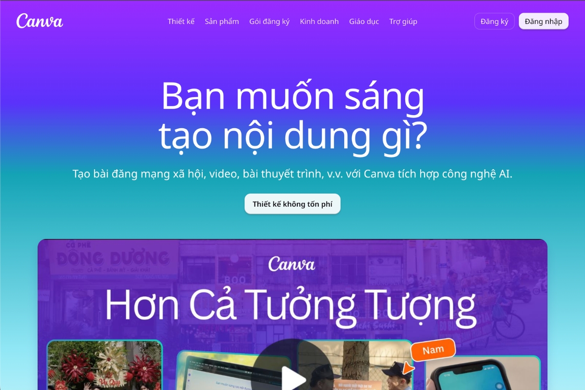 Truy cập trang chủ Canva để bắt đầu tạo website, landing page hoặc portfolio