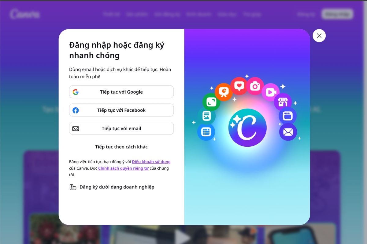 Đăng nhập hoặc tạo tài khoản Canva trước khi bắt đầu thiết kế
