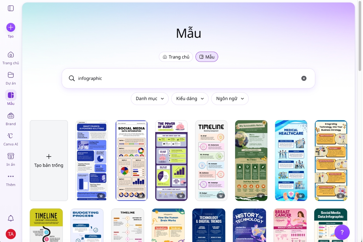 Tìm kiếm mẫu infographic phù hợp trong thư viện Canva