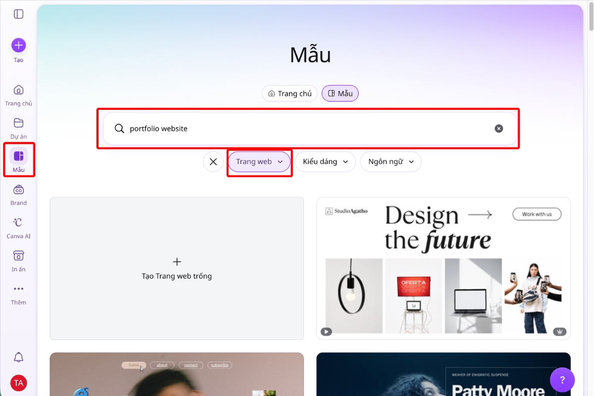 Tìm mẫu Portfolio Website phù hợp trong thư viện template của Canva