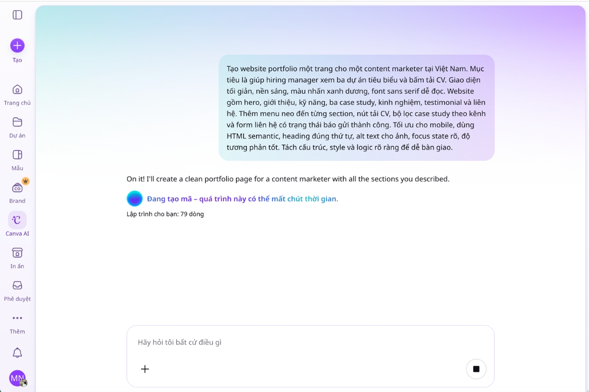 Nhập prompt trong Canva Code để AI tạo website portfolio theo brief
