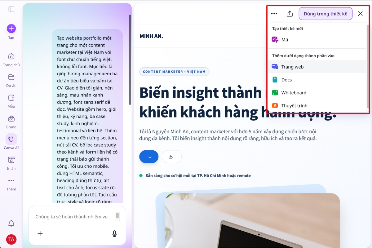 Chọn dùng kết quả Canva Code trong thiết kế Website hoặc các định dạng Canva khác
