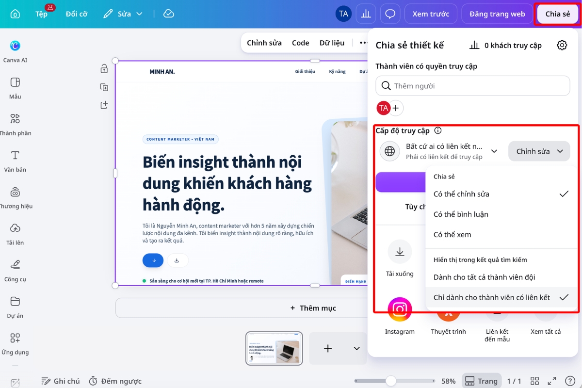 Thiết lập quyền chia sẻ để cộng tác và góp ý trên website Canva Code