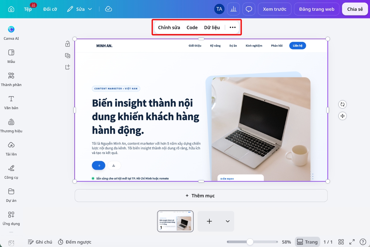 Mở các chế độ Chỉnh sửa, Code và Dữ liệu của thành phần website do Canva AI tạo