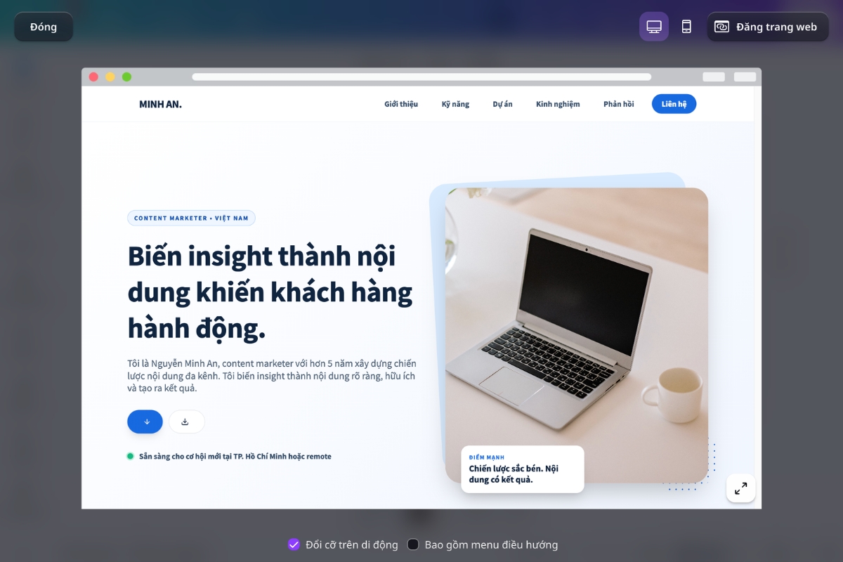 Xem trước website Canva Code trên desktop trước khi kiểm tra code và dữ liệu