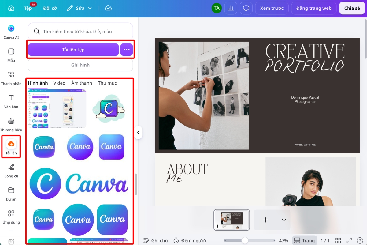 Mở mục Tải lên để đưa logo, ảnh sản phẩm và hình dự án vào thiết kế website