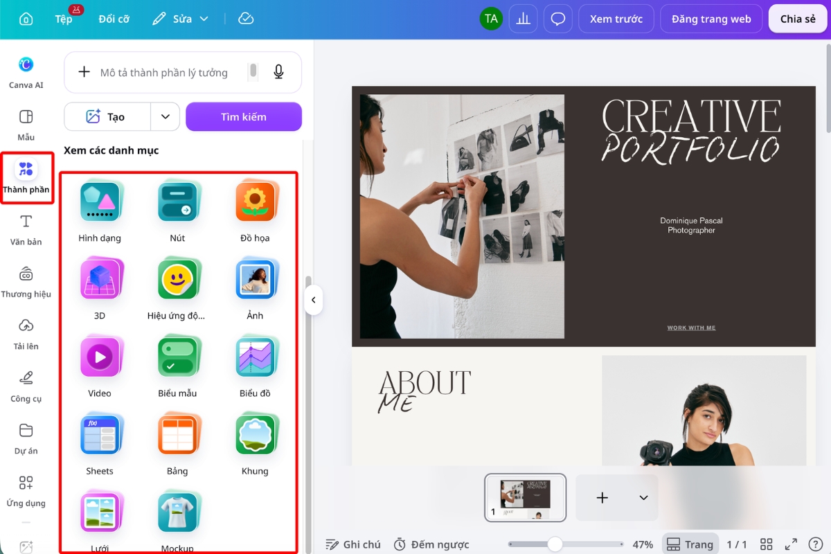 Mở mục Thành phần để thêm hình ảnh, đồ họa, video và biểu đồ vào website Canva