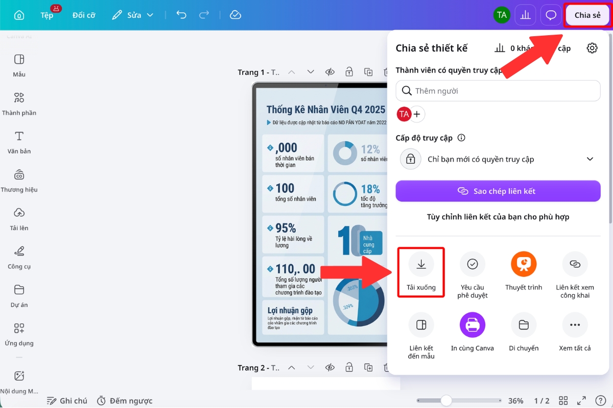 Mở bảng Chia sẻ và chọn Tải xuống cho infographic AI