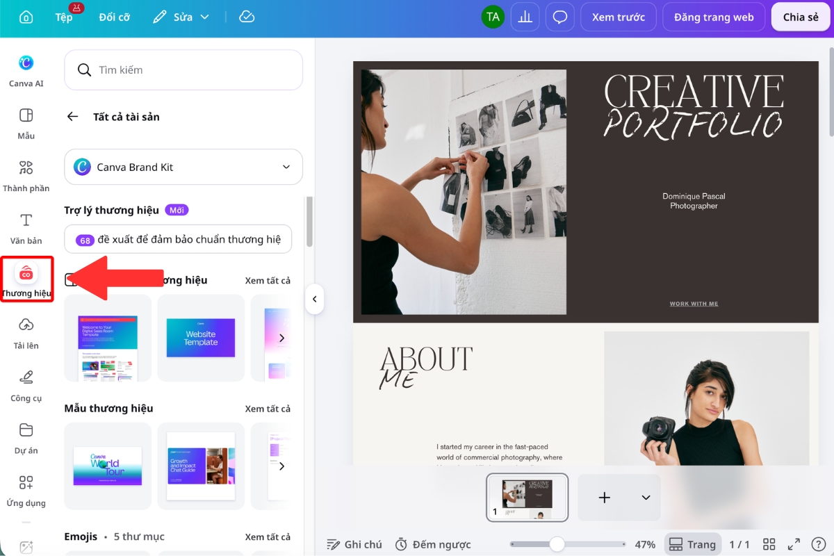 Dùng Brand Kit để đồng bộ logo, màu sắc và font chữ cho website Canva
