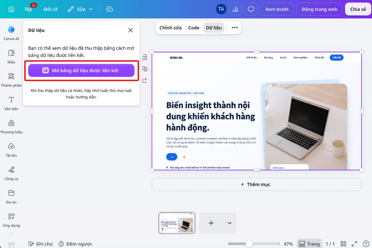 Mở bảng dữ liệu được liên kết để kiểm tra thông tin gửi từ form website