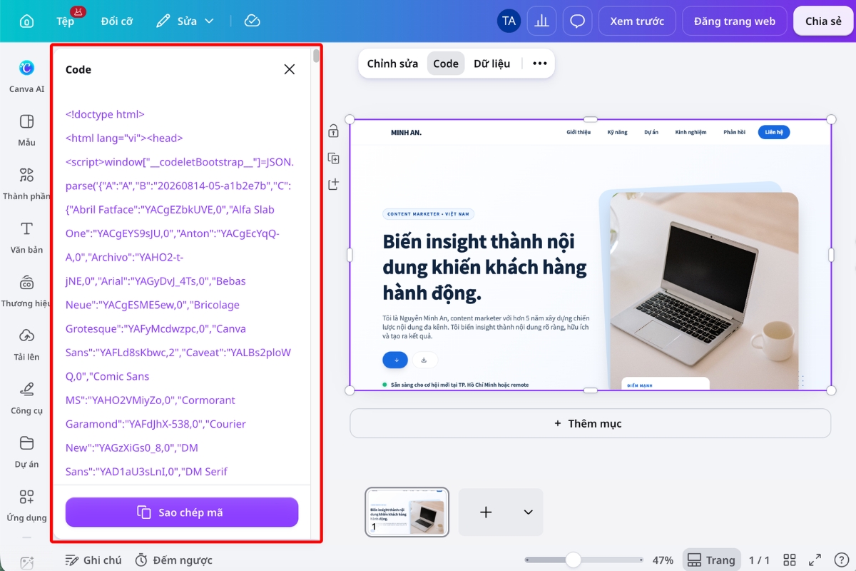 Mở bảng Code để xem và sao chép source code website do Canva AI tạo