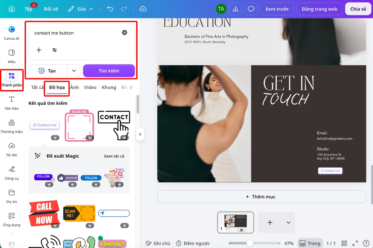 Tìm và thêm nút CTA vào section Get in Touch của website portfolio