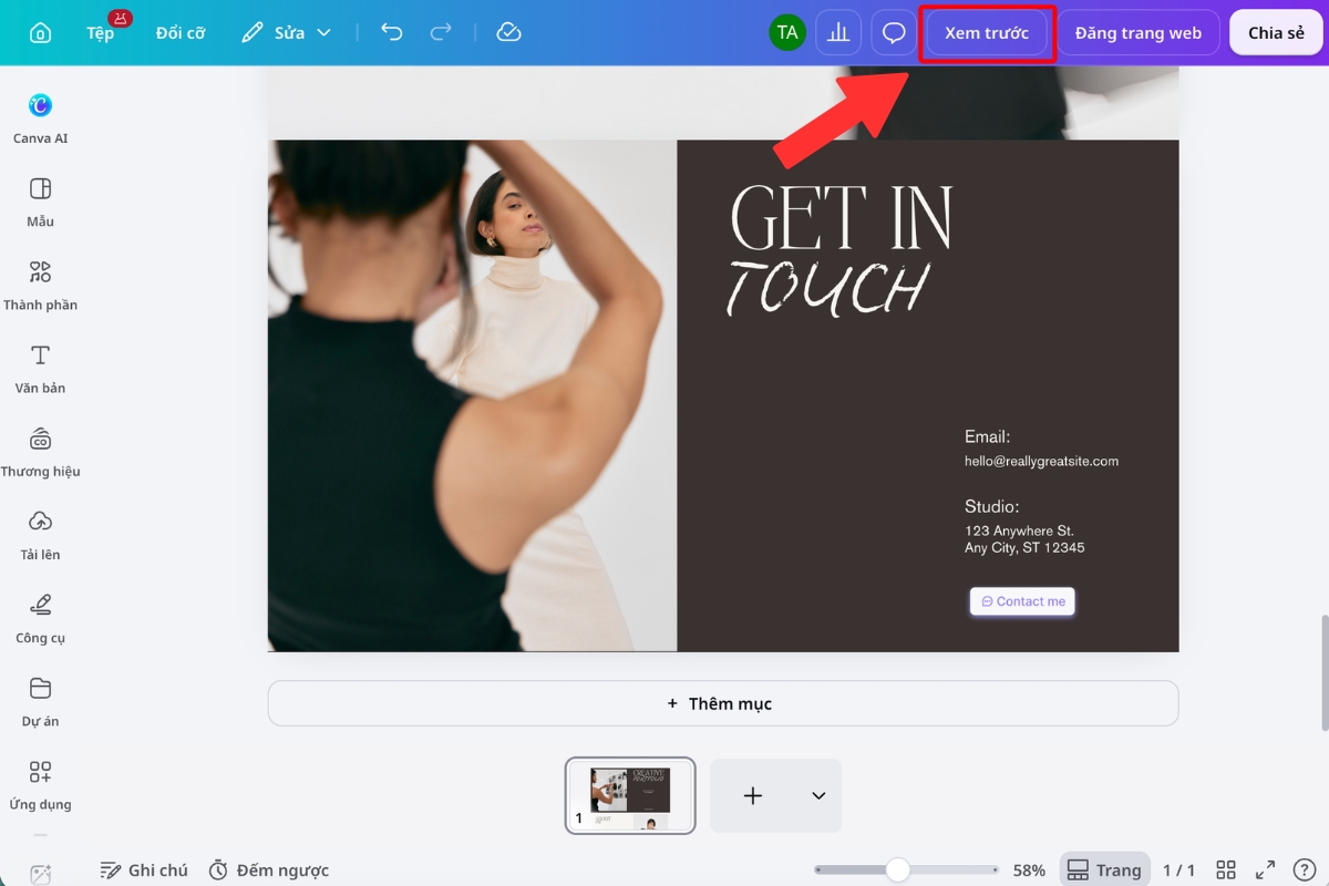 Bấm Xem trước để kiểm tra website Canva trước khi xuất bản