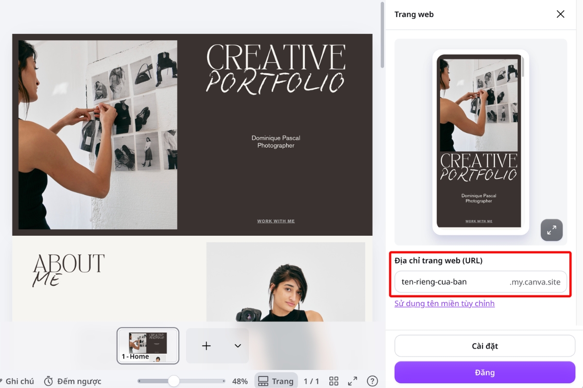 Chọn địa chỉ miễn phí my.canva.site hoặc kết nối tên miền tùy chỉnh