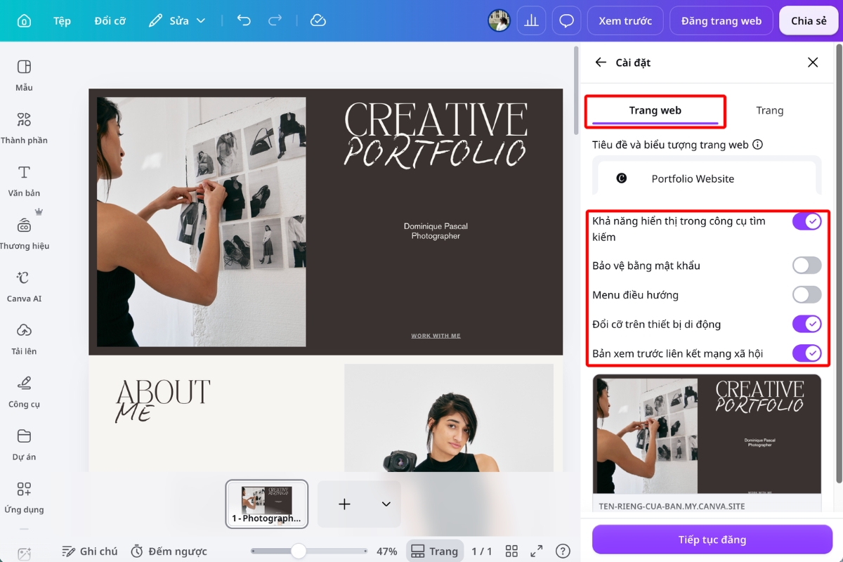 Thiết lập khả năng hiển thị trên công cụ tìm kiếm và các tùy chọn hiển thị website